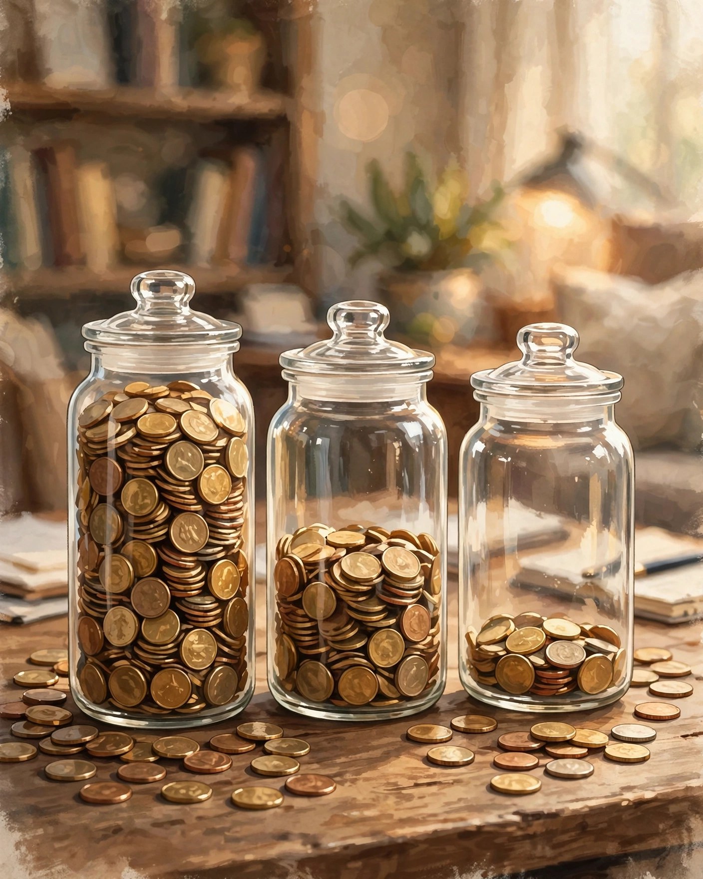Three jars labeled 401(k), IRA, and Roth