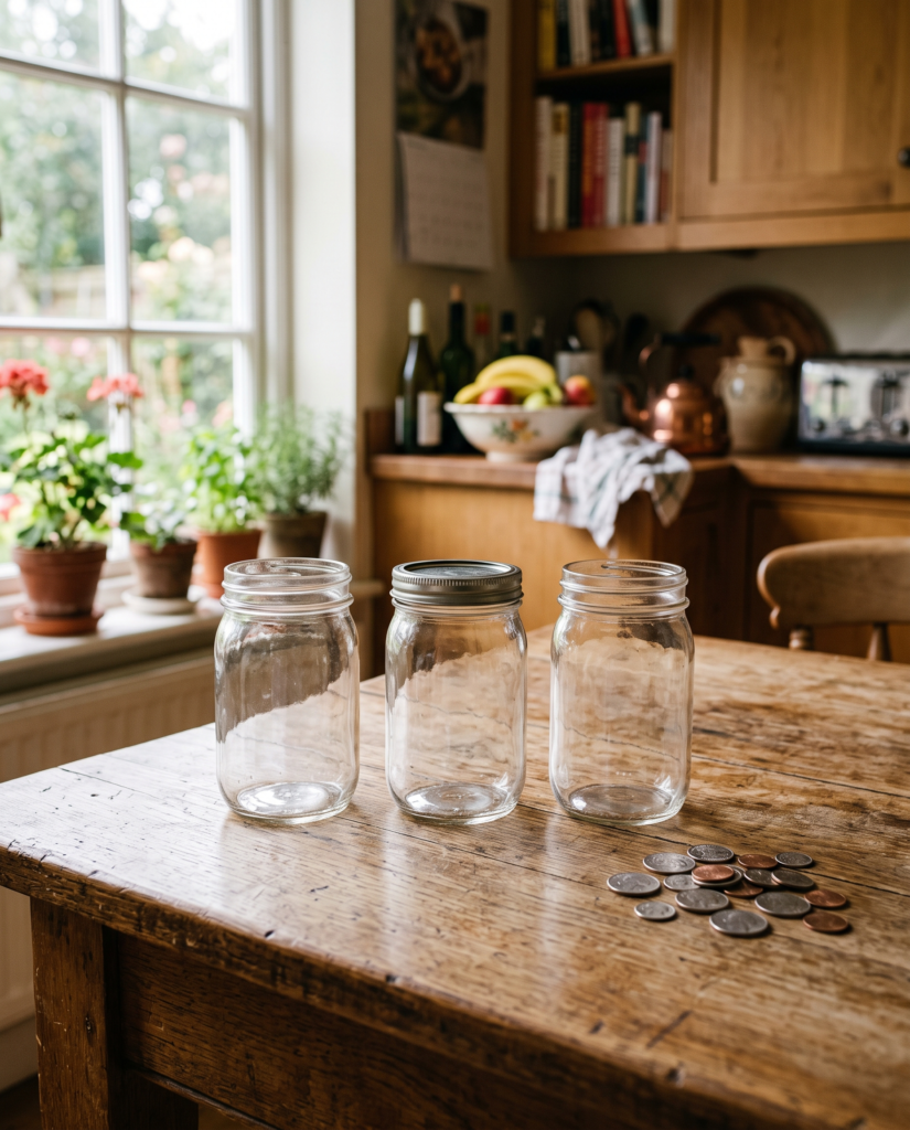 Three labeled glass jars marked Spend, Save, and Share: the three-bucket first-budget system for teens.